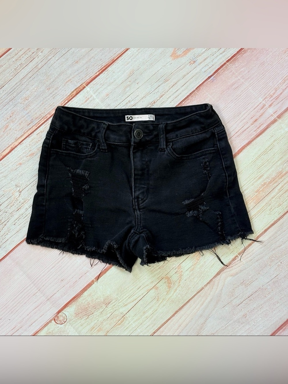 Women’s SO High Rise Shortie Distressed Black Denim Shorts - Size 7/28